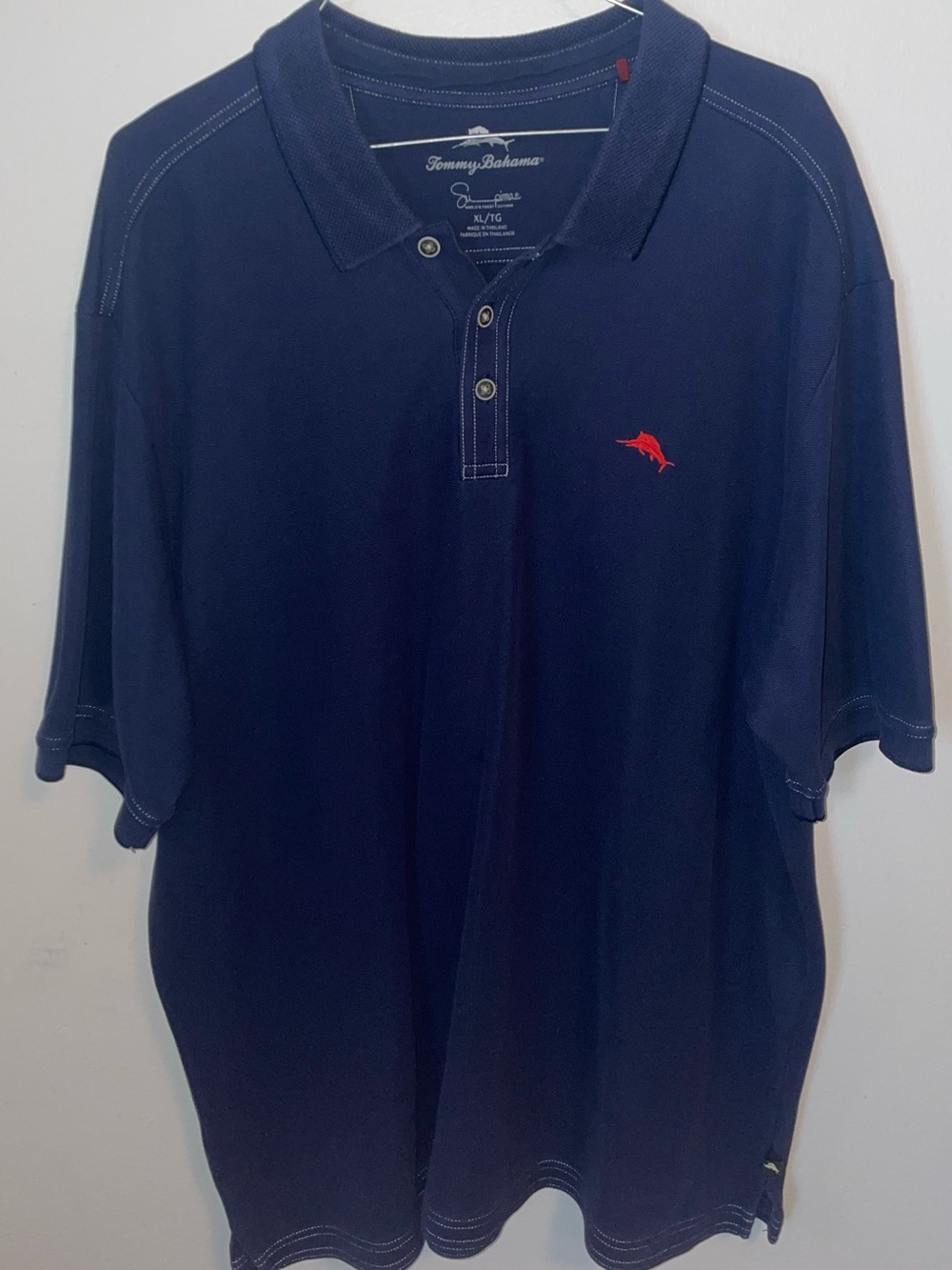 Tommy Bahama Navy Polo with Red Dolphin Embroidery